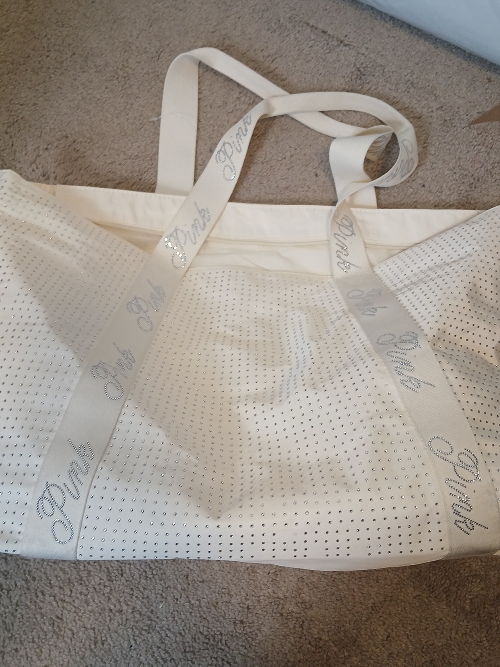PINK Victoria's Secret White Rhinestone Strap Tote Small Stain On Back